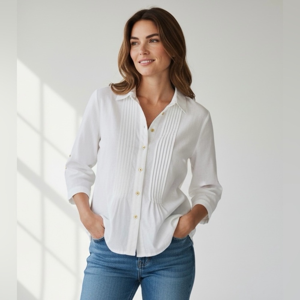 Traditions Linen Blend Button Down Pintuck 3/4 Sleeve Shirt Petite 10P